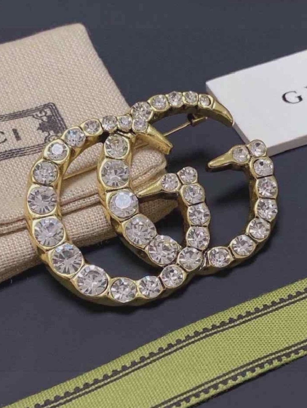 Gucci Gold-Tone Crystal Double G Pin Brooch - Picture 3 of 7